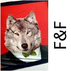 F & F Red 100% Silk Scarf with Handsome Grey Wolf in Tuxedo Design
